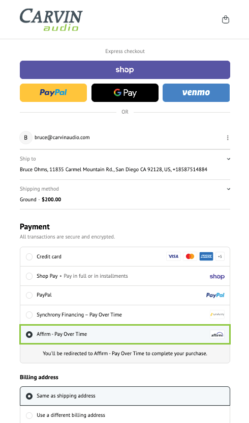 Affirm checkout flow step 2