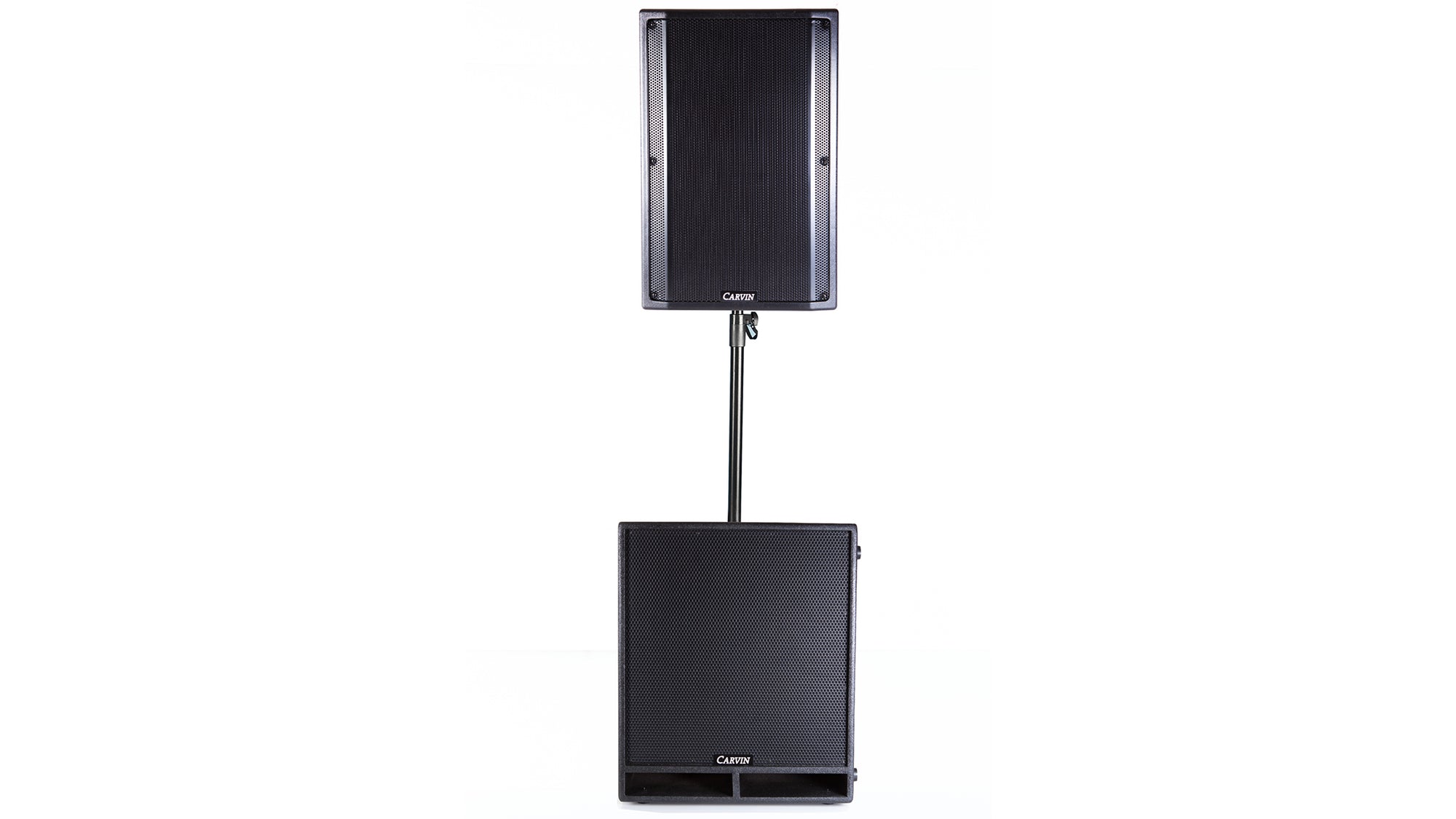 carvin qx15a active loudspeaker speaker on top of scx18a active subwoofer